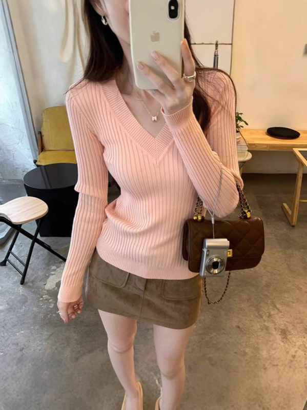 Pulover cu decolteu în V, mâneci lungi, tricot din fibre de viscoză, croială lejeră