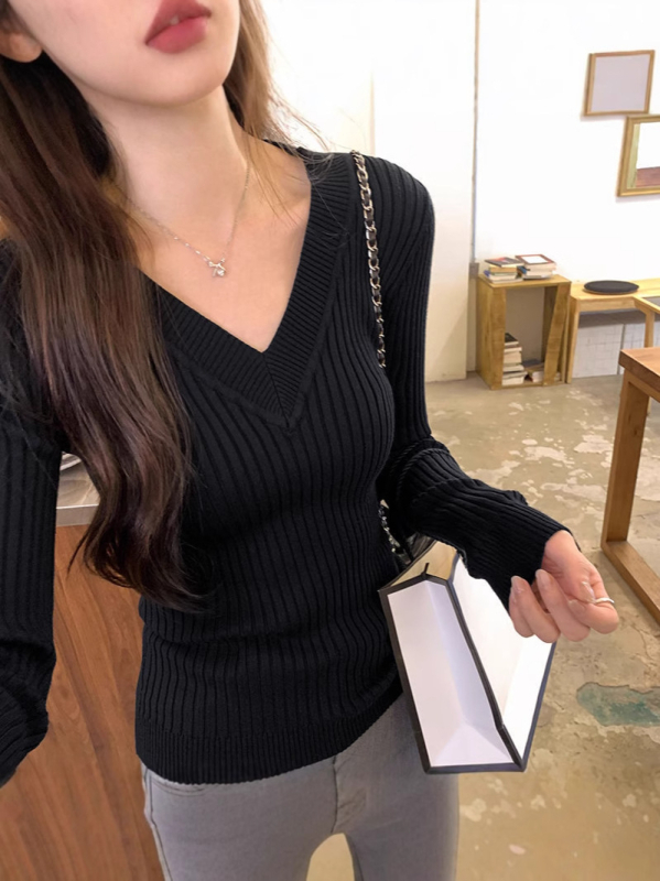 Pulover cu decolteu în V, mâneci lungi, tricot din fibre de viscoză, croială lejeră