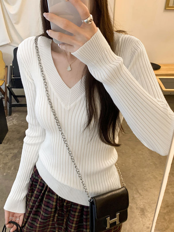 Pulover cu decolteu în V, mâneci lungi, tricot din fibre de viscoză, croială lejeră