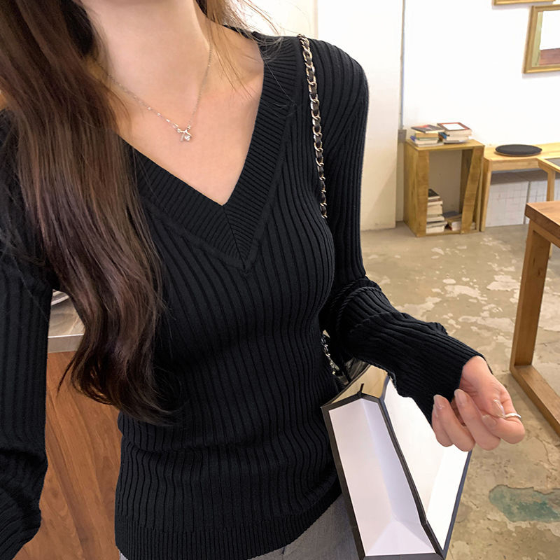 Pulover cu decolteu în V, mâneci lungi, tricot din fibre de viscoză, croială lejeră