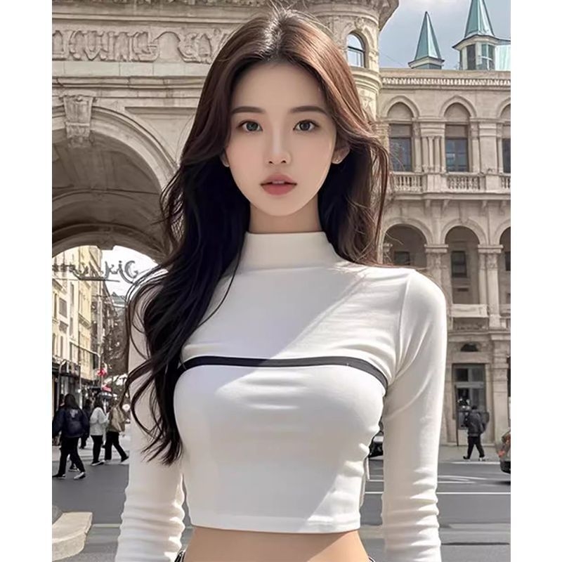 Crop top s dugim rukavima, poliester, blok uzorak, ovratnik srednje visine, uski kroj