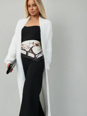 Oversize pletený kardigán s umelou kožušinkou, bez gombíkov, V-krk, dlhé rukávy