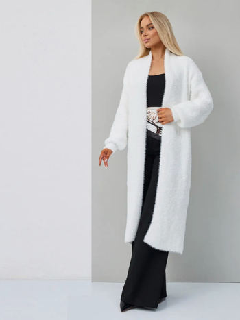 Oversize pletený kardigán s umelou kožušinkou, bez gombíkov, V-krk, dlhé rukávy