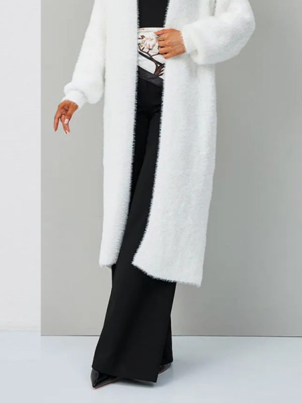 Oversize pletený kardigán s umelou kožušinkou, bez gombíkov, V-krk, dlhé rukávy