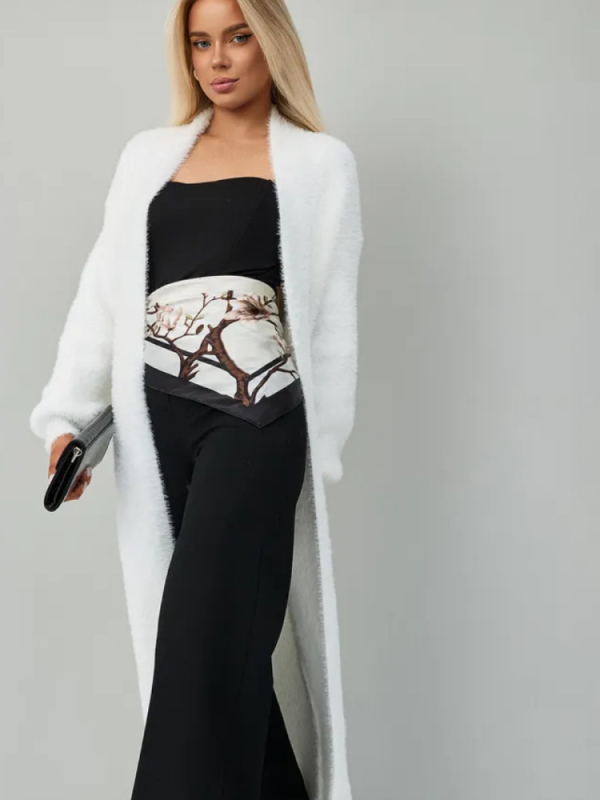 Oversize pletený kardigán s umelou kožušinkou, bez gombíkov, V-krk, dlhé rukávy