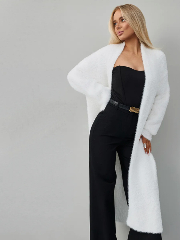 Oversize pletený kardigán s umelou kožušinkou, bez gombíkov, V-krk, dlhé rukávy