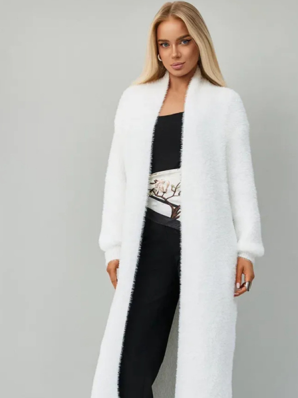 Oversize pletený kardigán s umelou kožušinkou, bez gombíkov, V-krk, dlhé rukávy