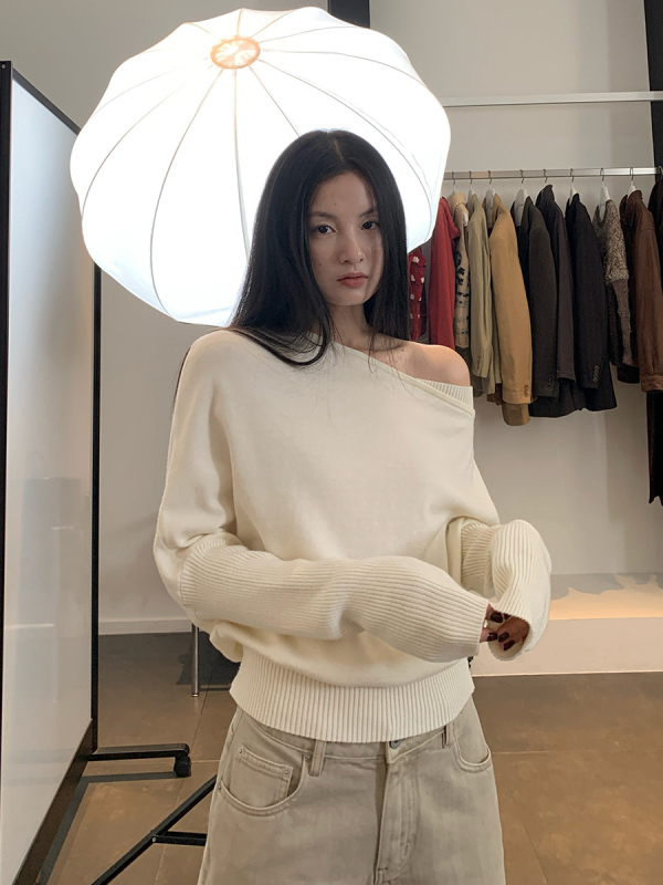 Pulover din cașmir și bumbac, guler înclinat, mâneci Raglan, croială lejeră, stil casual japonezo-coreean