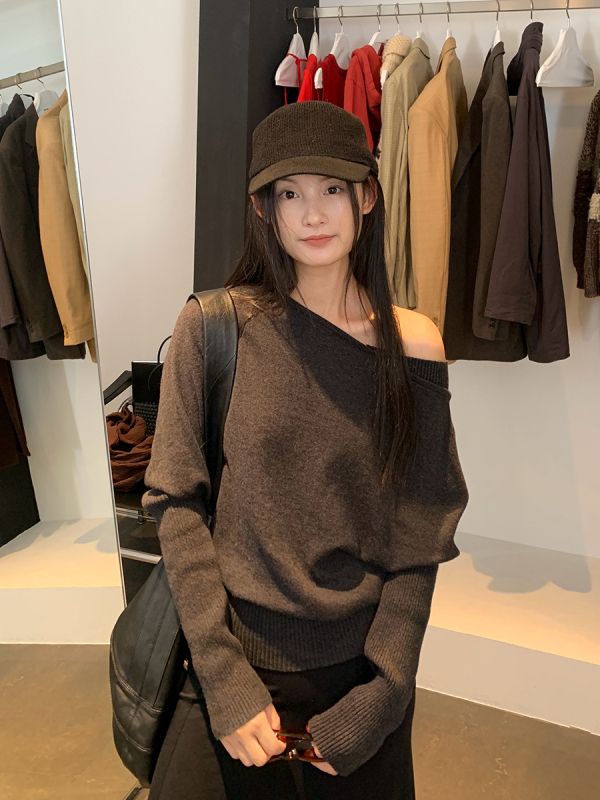 Pulover din cașmir și bumbac, guler înclinat, mâneci Raglan, croială lejeră, stil casual japonezo-coreean