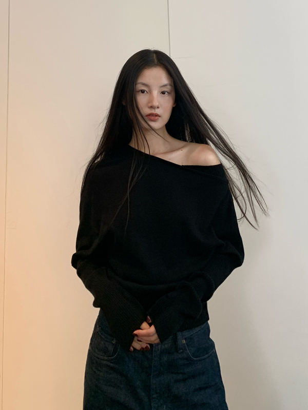 Pulover din cașmir și bumbac, guler înclinat, mâneci Raglan, croială lejeră, stil casual japonezo-coreean