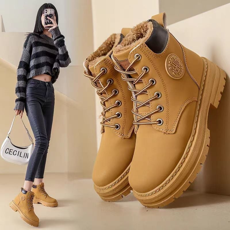 Botosei Martin pentru femei, piele sintetică, gambă medie, toc mediu 3–5 cm, șiret frontal