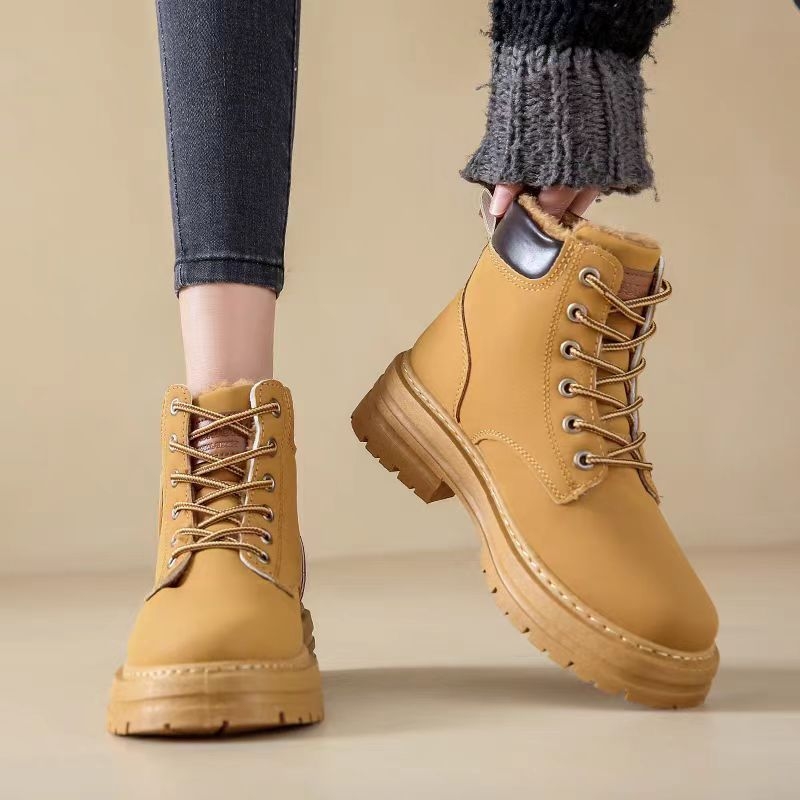 Botosei Martin pentru femei, piele sintetică, gambă medie, toc mediu 3–5 cm, șiret frontal