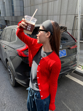 Ζακέτα με πλέξη cable-knit, κορεατικό στυλ, βισκόζη 50–70%, μακριά μανίκια, κανονικό μήκος (50–65 cm)