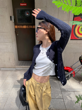 Ζακέτα με πλέξη cable-knit, κορεατικό στυλ, βισκόζη 50–70%, μακριά μανίκια, κανονικό μήκος (50–65 cm)