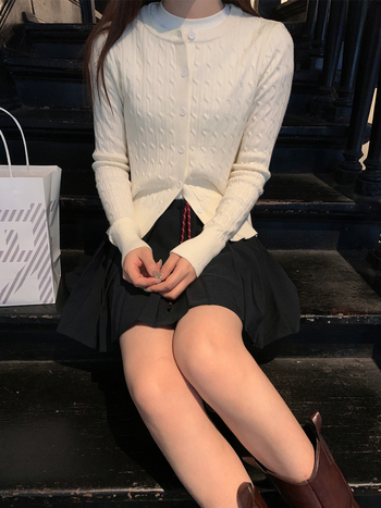 Ζακέτα με πλέξη cable-knit, κορεατικό στυλ, βισκόζη 50–70%, μακριά μανίκια, κανονικό μήκος (50–65 cm)