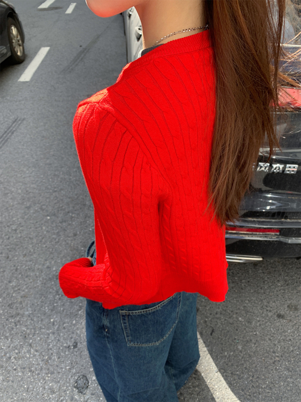 Ζακέτα με πλέξη cable-knit, κορεατικό στυλ, βισκόζη 50–70%, μακριά μανίκια, κανονικό μήκος (50–65 cm)