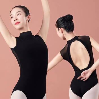 Боди за танци за жени – кръстосан гръб, без ръкави, открит гръб, висок стойков врат, памук 70% с подплата 70%
