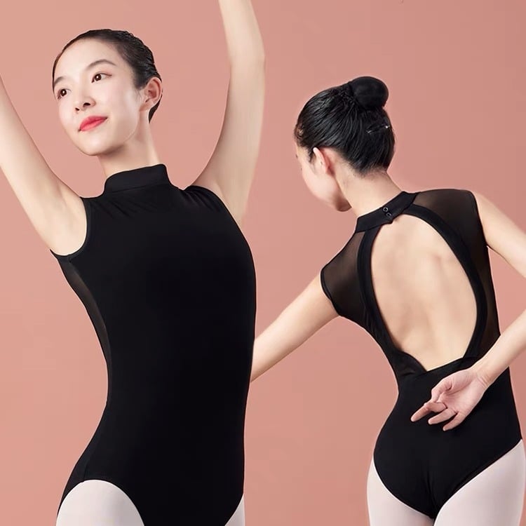 Боди за танци за жени – кръстосан гръб, без ръкави, открит гръб, висок стойков врат, памук 70% с подплата 70%