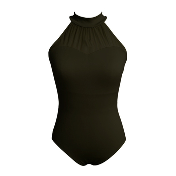 Body de balet pentru adulți, fără mâneci, gât halter, panouri din plasă, țesătură din nylon cu căptușeală din mătase de lapte