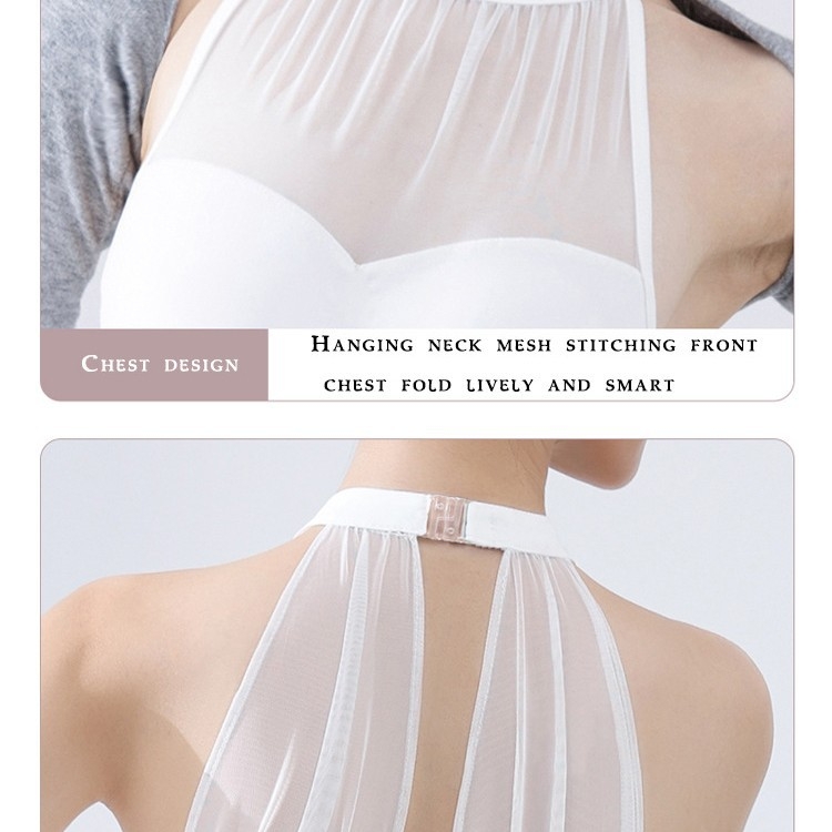 Body de balet pentru adulți, fără mâneci, gât halter, panouri din plasă, țesătură din nylon cu căptușeală din mătase de lapte