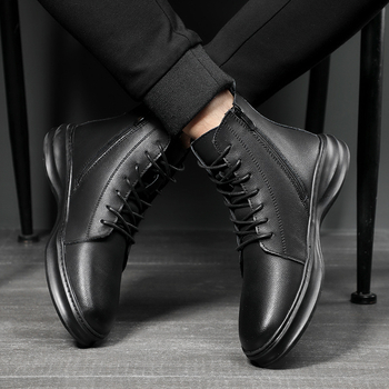Botine Martin pentru bărbați, cizme înalte din piele, partea superioară din piele de vacă, vârf rotund, respirante, talpă PU, toc mediu 3–5 cm