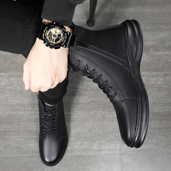 Botine Martin pentru bărbați, cizme înalte din piele, partea superioară din piele de vacă, vârf rotund, respirante, talpă PU, toc mediu 3–5 cm