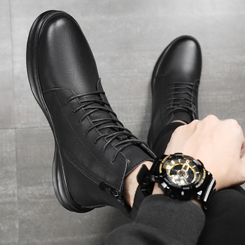 Botine Martin pentru bărbați, cizme înalte din piele, partea superioară din piele de vacă, vârf rotund, respirante, talpă PU, toc mediu 3–5 cm