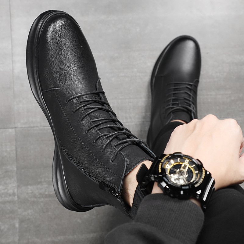 Botine Martin pentru bărbați, cizme înalte din piele, partea superioară din piele de vacă, vârf rotund, respirante, talpă PU, toc mediu 3–5 cm