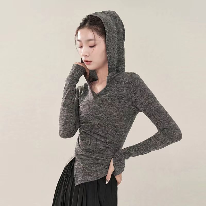 Dámske tanečné oblečenie: pletený top s kapucňou a V-krkom, dlhé rukávy, štíhly strih, pletený materiál, polyester 95%