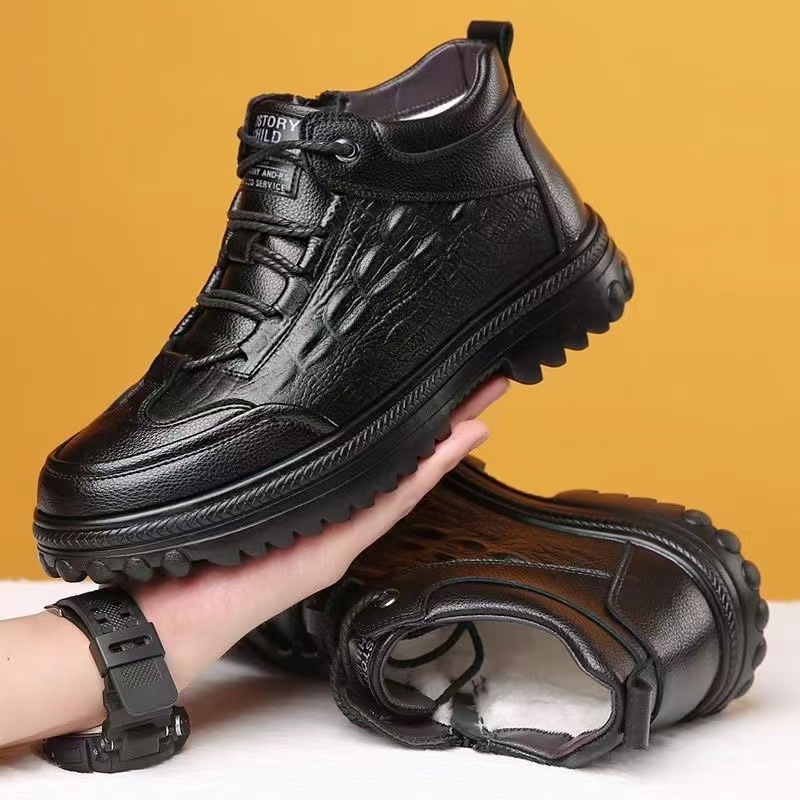 Ghete de iarnă pentru bărbați, înalte, din PU, căptușite cu blană artificială, talpă din cauciuc antiderapant, închidere cu șireturi