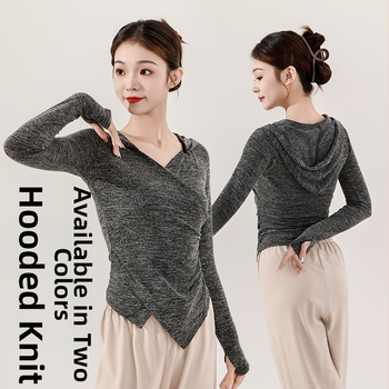 Dámske tancové oblečenie pre dospelých — pletený top s kapucňou, dlhé rukávy, V- výstrih, úzky strih; vhodné na balet, latinské tance a ľudové tance; materiál: polyester 95%