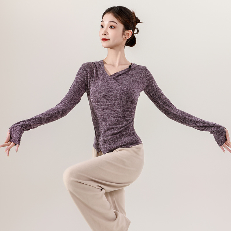 Dámske tancové oblečenie pre dospelých — pletený top s kapucňou, dlhé rukávy, V- výstrih, úzky strih; vhodné na balet, latinské tance a ľudové tance; materiál: polyester 95%