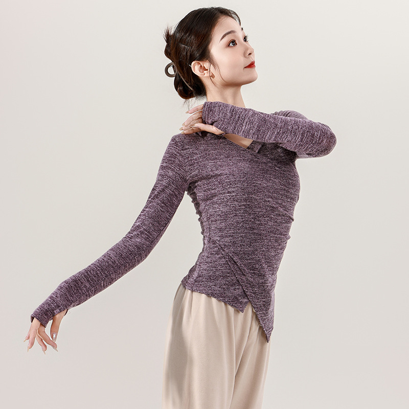 Dámske tancové oblečenie pre dospelých — pletený top s kapucňou, dlhé rukávy, V- výstrih, úzky strih; vhodné na balet, latinské tance a ľudové tance; materiál: polyester 95%