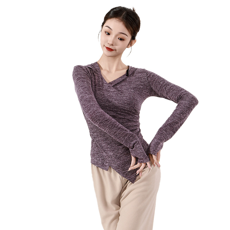 Dámske tancové oblečenie pre dospelých — pletený top s kapucňou, dlhé rukávy, V- výstrih, úzky strih; vhodné na balet, latinské tance a ľudové tance; materiál: polyester 95%