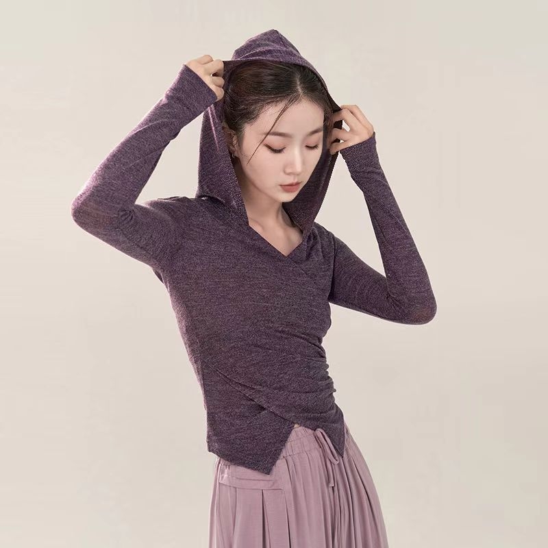 Dámske tancové oblečenie pre dospelých — pletený top s kapucňou, dlhé rukávy, V- výstrih, úzky strih; vhodné na balet, latinské tance a ľudové tance; materiál: polyester 95%