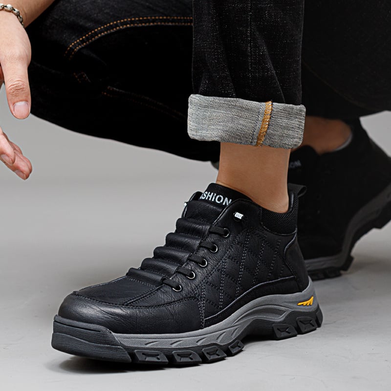 Papuci de interior pentru bărbați, iarnă, cu partea superioară din piele dublă de vită, căptușeală din lână, talpă din cauciuc și curea elastică