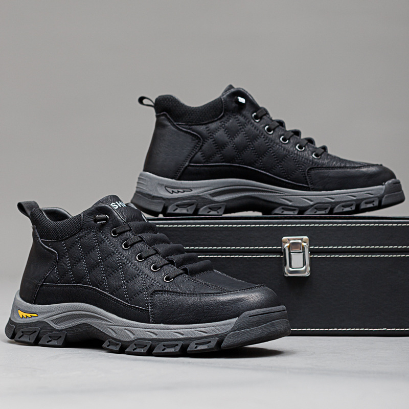 Papuci de interior pentru bărbați, iarnă, cu partea superioară din piele dublă de vită, căptușeală din lână, talpă din cauciuc și curea elastică