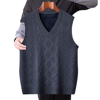 Vesta tricotată pentru bărbați, căptușită cu fleece, croială lejeră, model pătrățeles, material poliester, stil coreean, casual pentru toamnă-iarnă