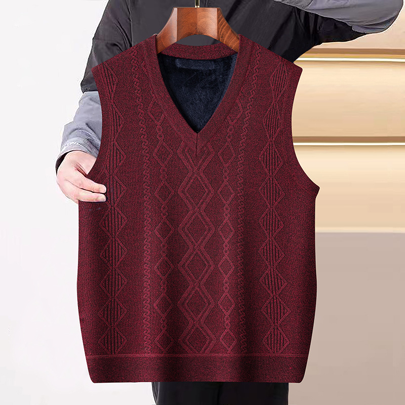 Vesta tricotată pentru bărbați, căptușită cu fleece, croială lejeră, model pătrățeles, material poliester, stil coreean, casual pentru toamnă-iarnă