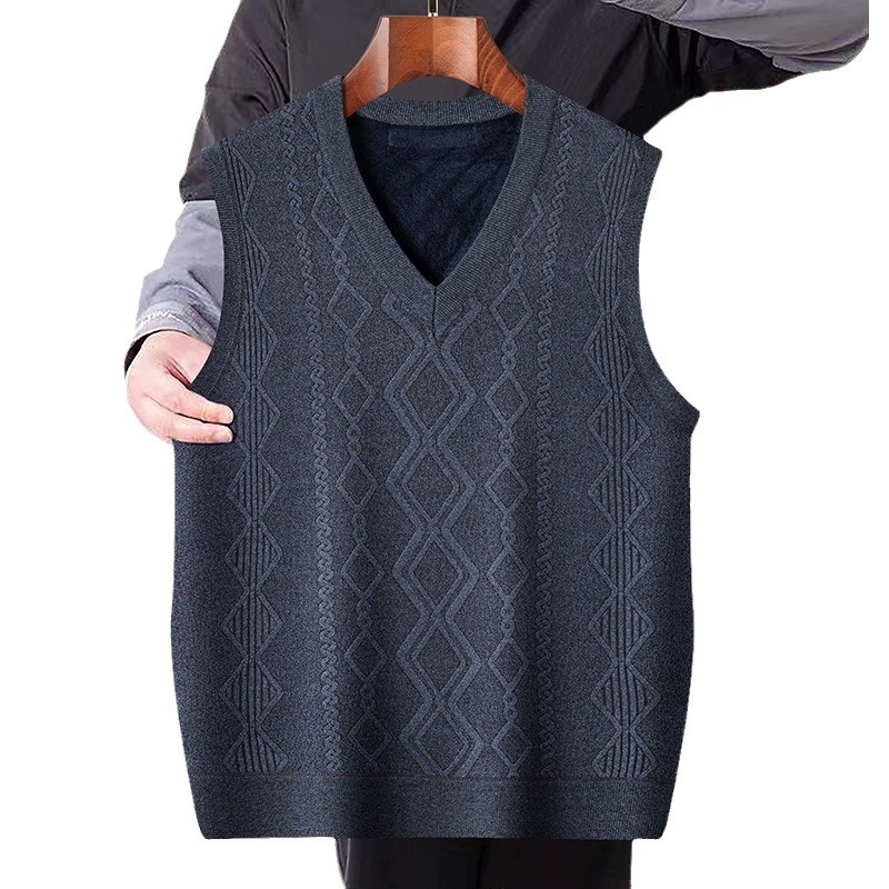 Vesta tricotată pentru bărbați, căptușită cu fleece, croială lejeră, model pătrățeles, material poliester, stil coreean, casual pentru toamnă-iarnă