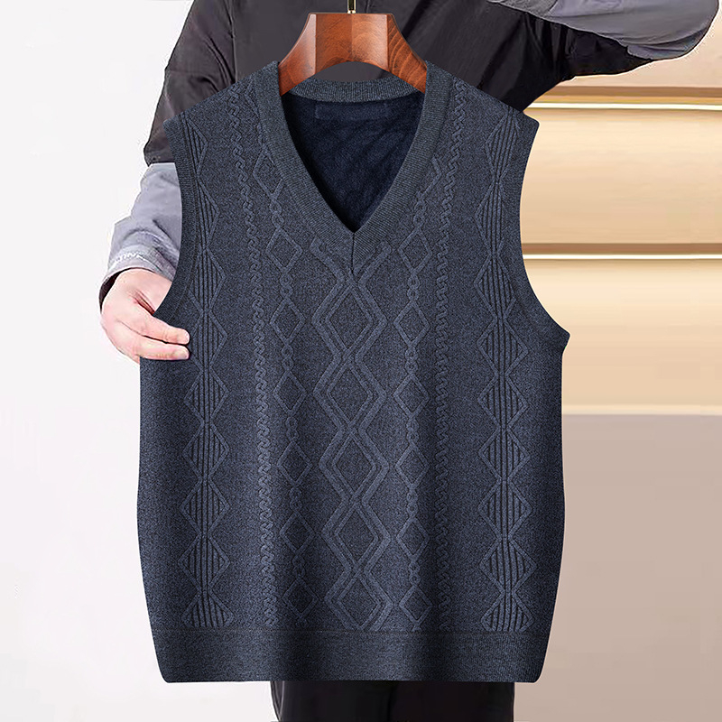 Vesta tricotată pentru bărbați, căptușită cu fleece, croială lejeră, model pătrățeles, material poliester, stil coreean, casual pentru toamnă-iarnă