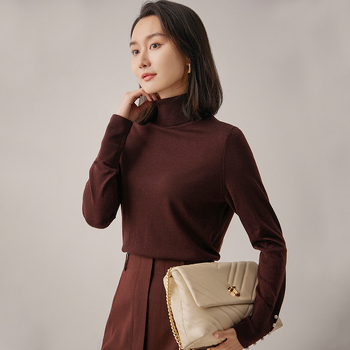 Dámsky sveter z vlny s vysokým golierom a balónovými rukávmi, dvojitá priadza 48, 95% vlna