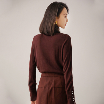 Dámsky sveter z vlny s vysokým golierom a balónovými rukávmi, dvojitá priadza 48, 95% vlna