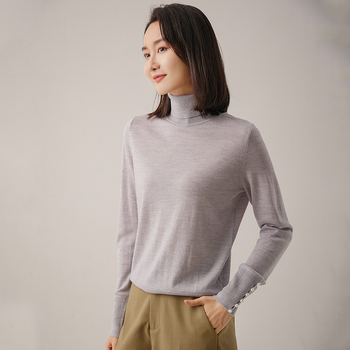 Dámsky sveter z vlny s vysokým golierom a balónovými rukávmi, dvojitá priadza 48, 95% vlna
