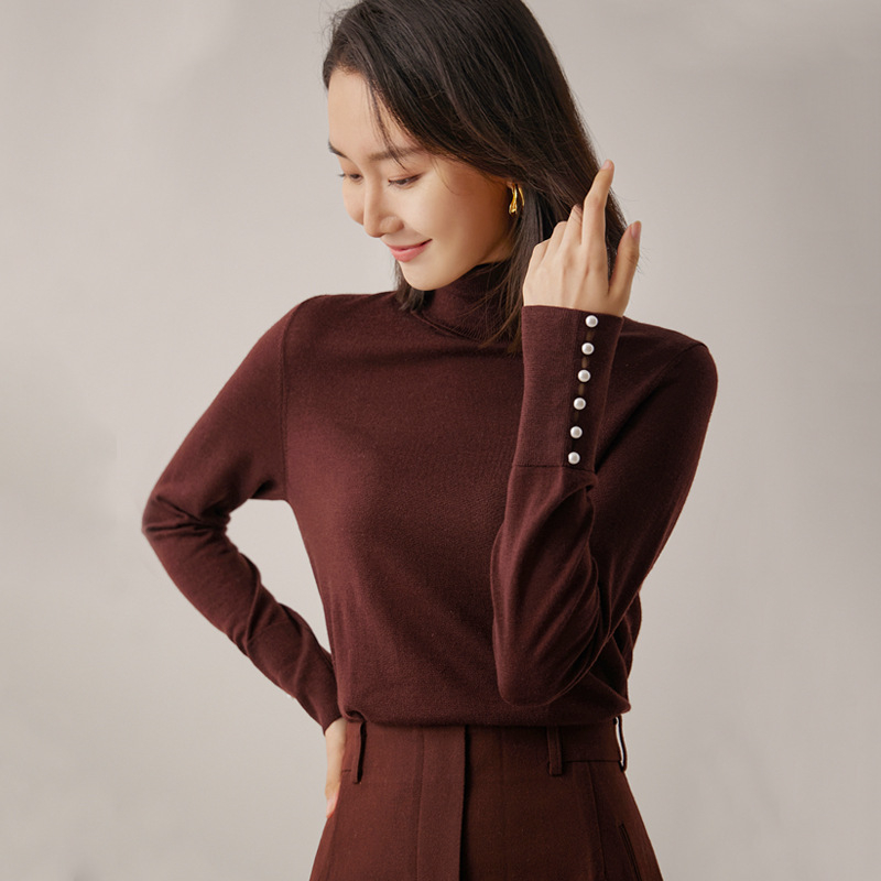 Dámsky sveter z vlny s vysokým golierom a balónovými rukávmi, dvojitá priadza 48, 95% vlna