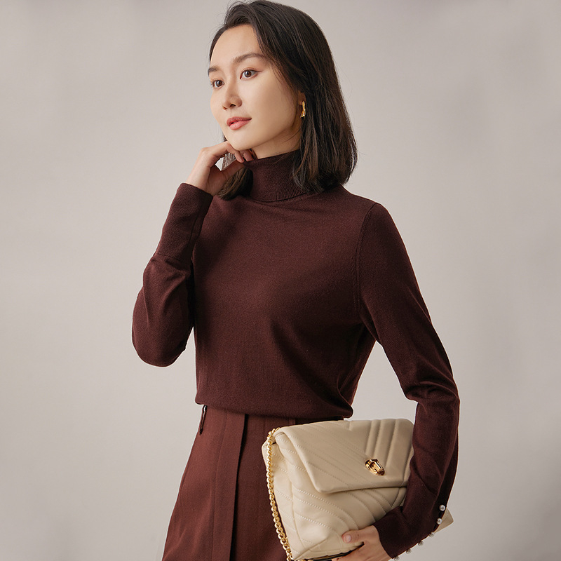 Dámsky sveter z vlny s vysokým golierom a balónovými rukávmi, dvojitá priadza 48, 95% vlna