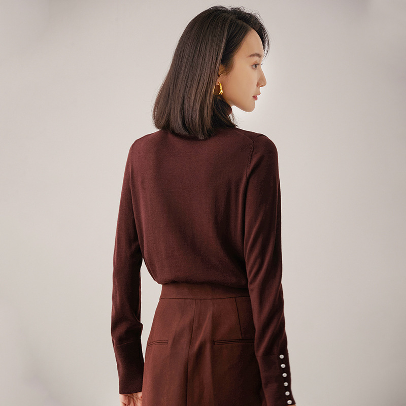 Dámsky sveter z vlny s vysokým golierom a balónovými rukávmi, dvojitá priadza 48, 95% vlna