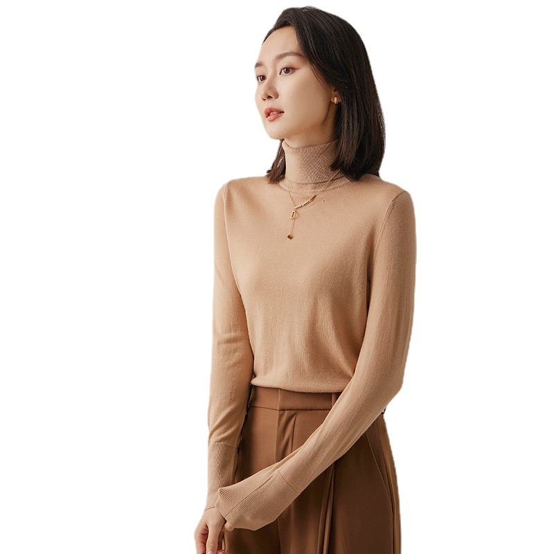 Dámsky sveter z vlny s vysokým golierom a balónovými rukávmi, dvojitá priadza 48, 95% vlna