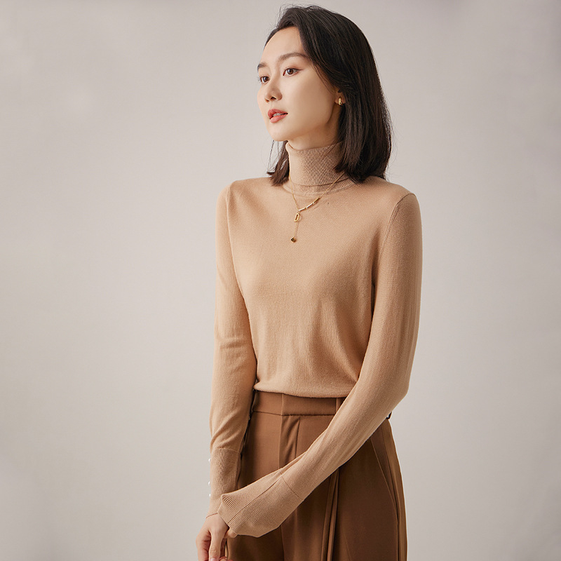 Dámsky sveter z vlny s vysokým golierom a balónovými rukávmi, dvojitá priadza 48, 95% vlna