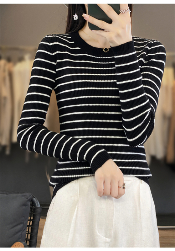 Pulover tricotat Andy Knit, cu dungi, slim-fit, guler rotund